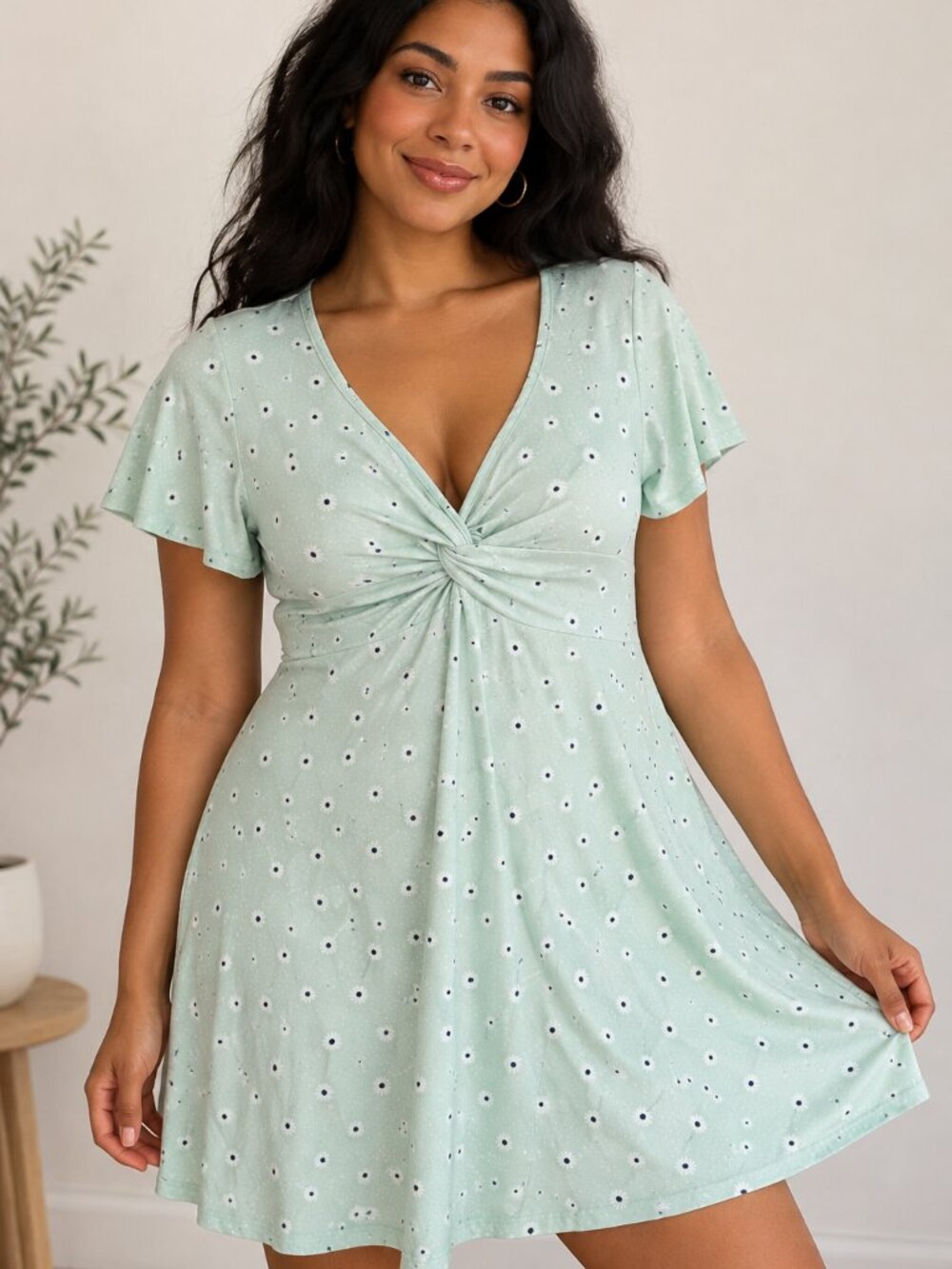 BP Nordstrom Mint Green Daisy Twist Front Mini Dress XL Flutter Sleeve Floral